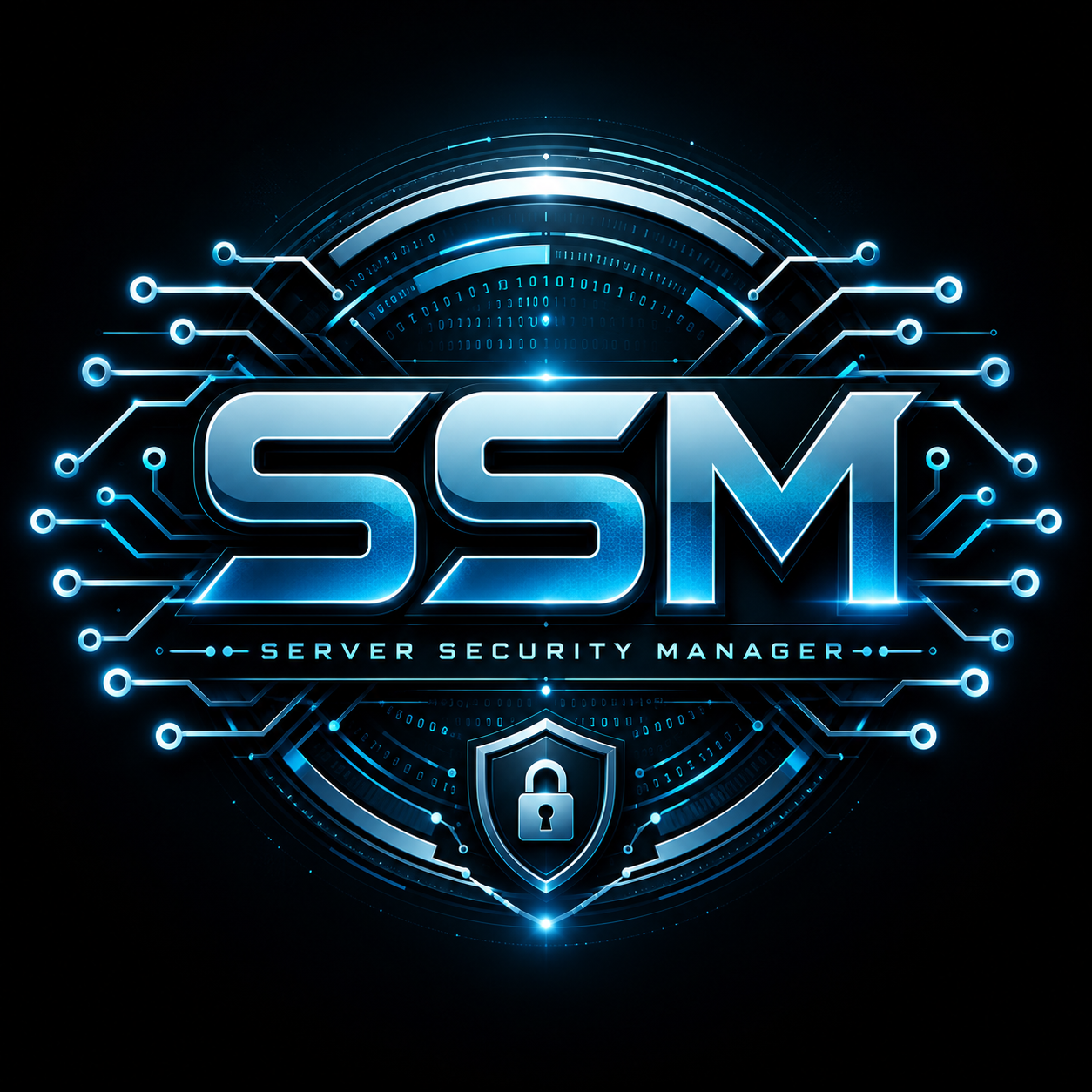 Logo Server Security Manager con scudo digitale e circuiti luminosi